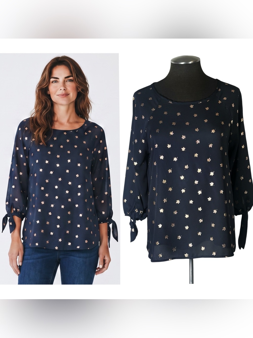 🆕 Papermoon – Gold Leaf Print Tie Sleeve Zip Back Top – Stitch Fix – Medium